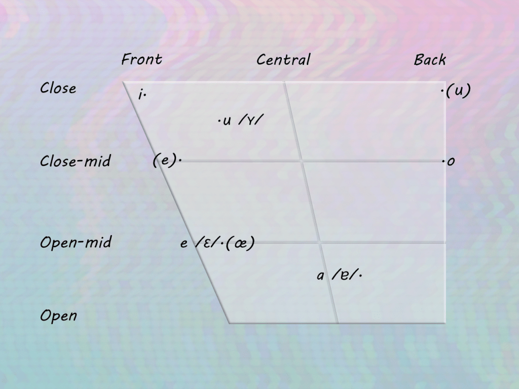Vowel space chart of Monophthongs: i,u,o,e,a.
Audio provided below.